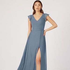 Azazie dark dusty blue Claudine bridesmaid dress in twilight